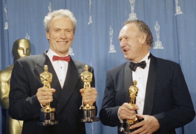 Clint Eastwood, left, and Gene Hackman hold their Oscars for the movie, Unforgiven.