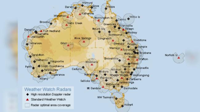 A map showing Australia’s weather radar coverage.