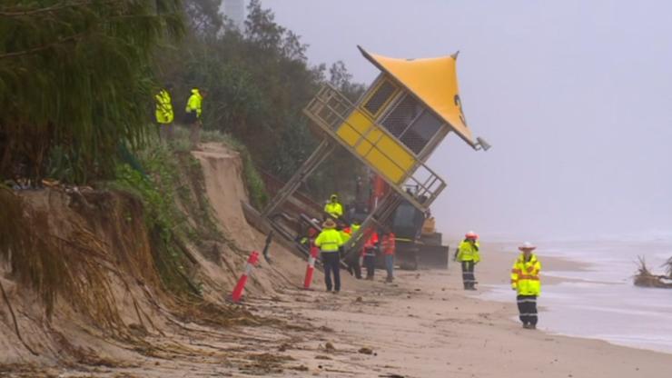 Severe beach erosion along the Gold Coast, with lifeguard towers at risk and sand washed away by the recent severe weather..