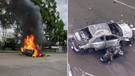Two people have been rushed to hospital after a car and motorbike collided and burst into flames.