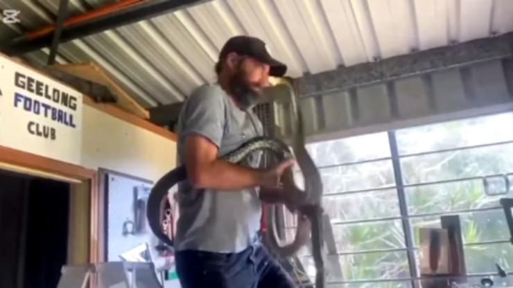 Drew Godfrey takes a bite from a coastal carpet python, remaining calm and collected.